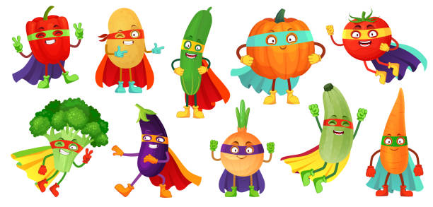 bildbanksillustrationer, clip art samt tecknat material och ikoner med superhjälte grönsaker. super gurka, hjälte mask på pumpa och vegetabilisk mat med superhjältar kappa tecknad vektor illustration uppsättning - potato