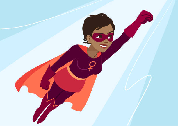 Superhero woman in flight. Attractive young African American woman wearing superhero costume with cape, flying through air in superhero pose, on sky background. Flat contemporary style vector element Superhero woman in flight. Attractive young African American woman wearing superhero costume with cape, flying through air in superhero pose, on sky background. Flat contemporary style vector element black superwoman stock illustrations
