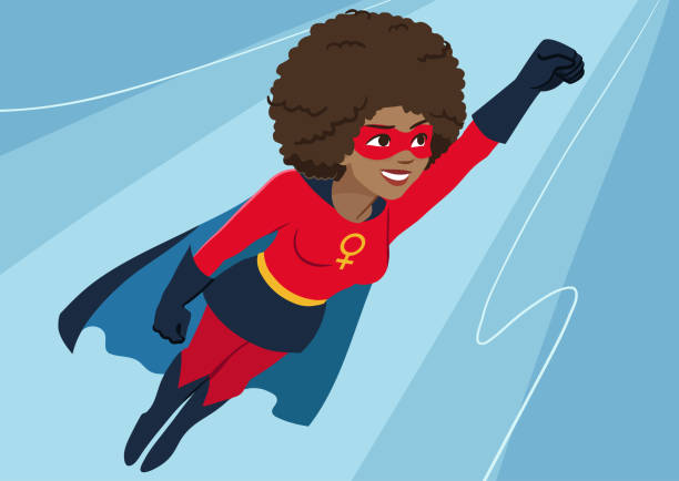 Superhero woman in flight. Attractive young African American woman wearing superhero costume with cape, flying through air in superhero pose, on sky background. Flat contemporary style vector element Superhero woman in flight. Attractive young African American woman wearing superhero costume with cape, flying through air in superhero pose, on sky background. Flat contemporary style vector element black superwoman stock illustrations