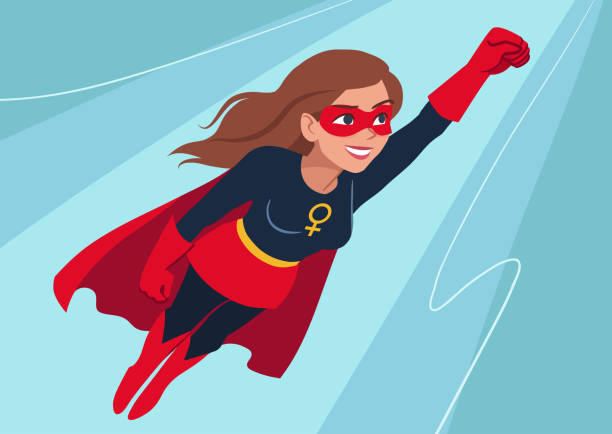 Superhero woman in flight. Attractive young Caucasian woman wearing superhero costume with cape, flying through air in superhero pose, on sky background. Flat contemporary style. Superhero woman in flight. Attractive young Caucasian woman wearing superhero costume with cape, flying through air in superhero pose, on sky background. Flat contemporary style. superwoman stock illustrations