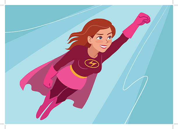 Superhero woman in flight Vector hand drawn cartoon character illustration of a young Caucasian woman wearing superhero costume with cape, flying through air in superhero pose, on aqua background. Flat contemporary style. superwoman stock illustrations