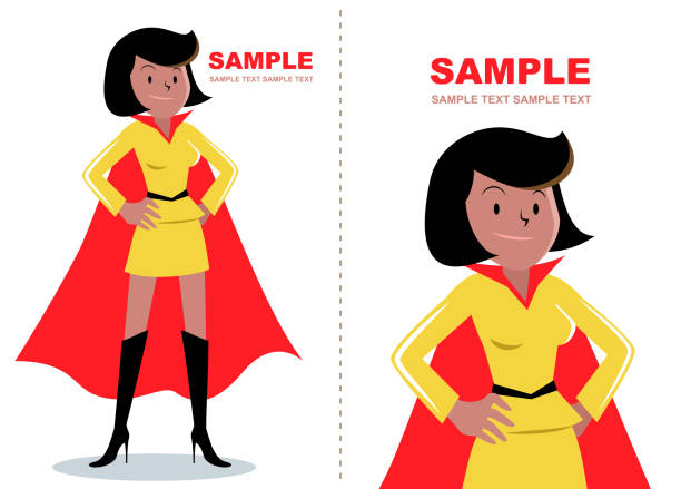 Superhero woman (African ethnicity or African-american ethnicity) standing with hand on hip Cool Woman Characters Manga Style Cartoon Vector art illustration.Copy Space, Full Length, White Background. black superwoman stock illustrations