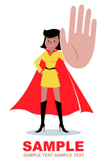 Superhero young women (African ethnicity or African-american ethnicity) gesturing stop hand sign and standing with hand on hip Cool Woman Characters Manga Style Cartoon Vector art illustration.Copy Space, Full Length, White Background. black superwoman stock illustrations