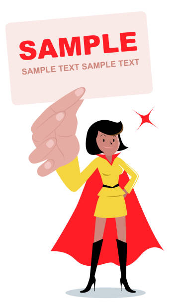 Superhero young women (African ethnicity or African-american ethnicity) standing and holding blank white card with hand on hip Cool Woman Characters Manga Style Cartoon Vector art illustration.Copy Space, Full Length, White Background. black superwoman stock illustrations