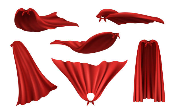 Superheroes cape. Red fashioned raincoat from silk textile clothes costumes with creases decent vector realistic pictures set Superheroes cape. Red fashioned raincoat from silk textile clothes costumes with creases decent vector realistic pictures set. Red cloak superhero, hero cape material, flying wave illustration cape stock illustrations
