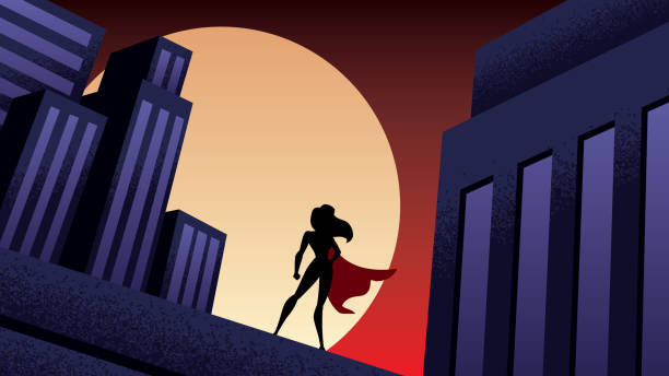 Superheroine City Night Superheroine watching over the city from the roof of a tall building at night. superwoman stock illustrations