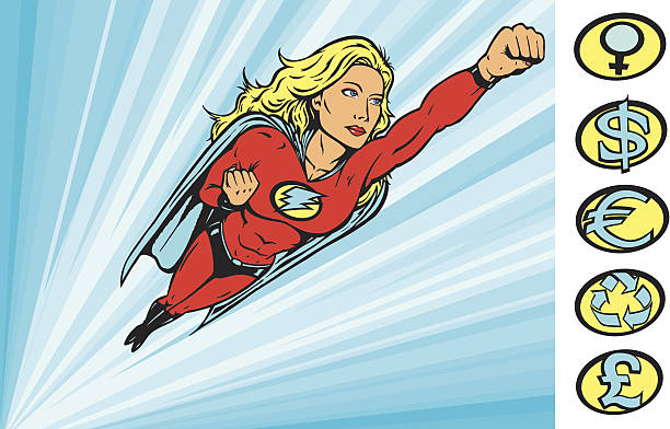Superheroine flying into action Super heroine flying into action. Her crest can be removed and one can use the other crests instead or use your own.  She can be rescaled without affecting the background, so, one can rescale to put type or images on background. blond hair stock illustrations