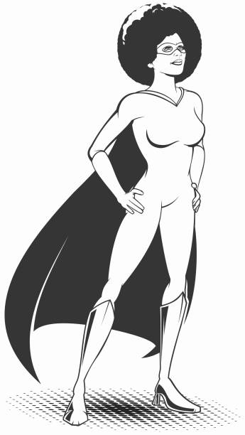 SuperHeroine Black Female Superhero. Black and white. White is not cut out. black superwoman stock illustrations
