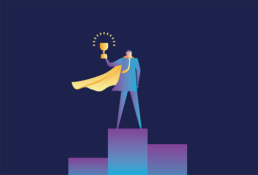 Superman standing on the podium holding a trophy stock illustration