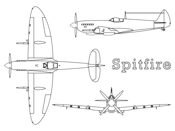 Supermarine Spitfire aircraft WWII outline only. Vector art. drawing of fighter planes stock illustrations