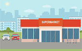 Supermarket building and two cars on city background. Urban landscape. Flat style, vector illustration.