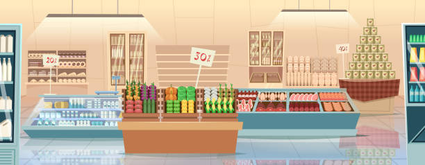 Supermarket cartoon. Products grocery store food market interior vector background Supermarket cartoon. Products grocery store food market interior vector background. Illustration supermarket shelf, market shop retail interior supermarket drawings stock illustrations