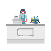 Supermarket cashier web banner during coronovirus epidemic. Young woman in a medical mask stands behind a cash register. There is also a basket with products in the picture. Vector flat illustration