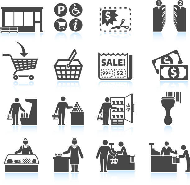 Supermarket Experience and grocery Shopping royalty free vector icon set Supermarket Experience black & white icon set  supermarket symbols stock illustrations
