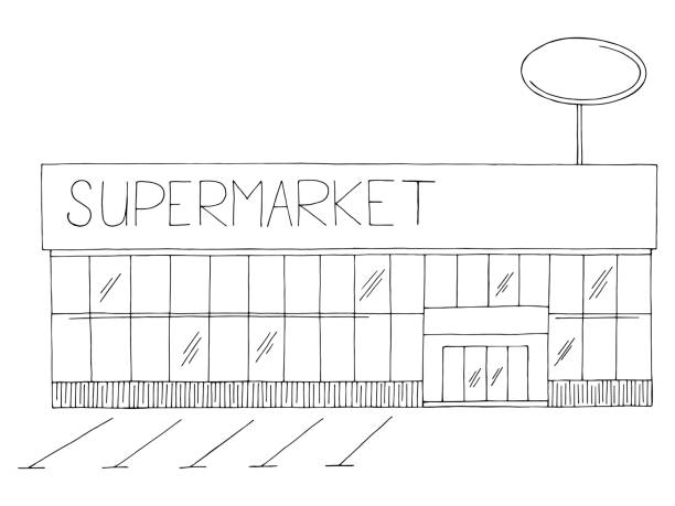 Supermarket exterior store building graphic black white isolated sketch illustration vector Supermarket exterior store building graphic black white isolated sketch illustration vector supermarket drawings stock illustrations