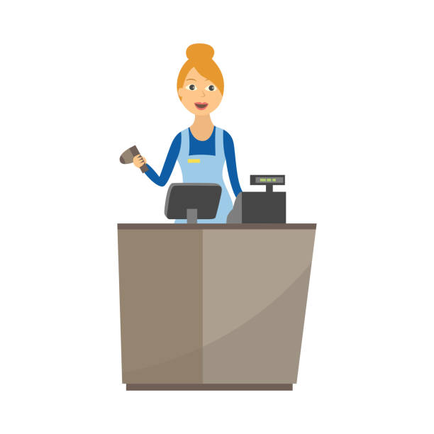 Supermarket female cashier in uniform and apron stands behind cash desk isolated on white background. Supermarket female cashier in uniform and apron stands behind cash desk isolated on white background - flat cartoon smiling young woman working in store, vector illustration. store clipart stock illustrations