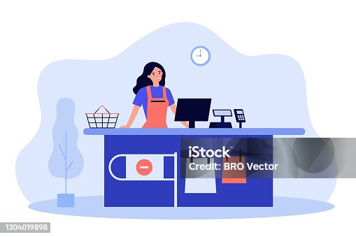 istock Supermarket female cashier working at checkout 1304019898