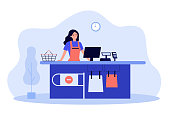 Supermarket female cashier working at checkout. Cash register worker standing at counter, waiting customers. Vector illustration for shopping, job, buying food concept