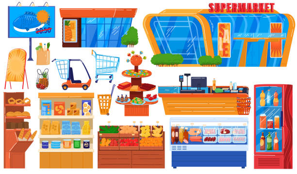 Supermarket grocery store vector illustration set, cartoon flat hypermarket collection of storefront building, shop shelf and freezer Supermarket grocery store vector illustration set. Cartoon flat hypermarket collection of storefront building, shop shelf and freezer, fresh drink fridge, food cart trolley or basket isolated on white supermarket clipart stock illustrations