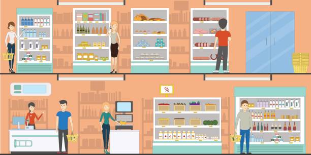 Supermarket idoors interior. Supermarket idoors interior. Stands and shelves with products, fruits, vegetables, alcohol and more. supermarket backgrounds stock illustrations