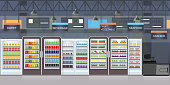 Supermarket interior with goods on shelves and counter cashier, big shopping mall  vector illustration.