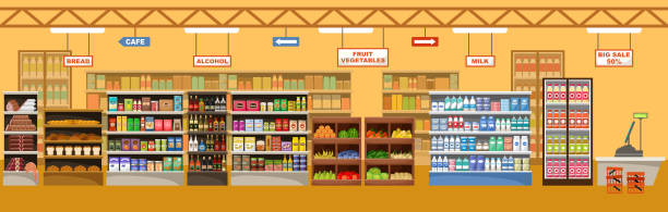 stockillustraties, clipart, cartoons en iconen met supermarkt interieur met producten - boodschappen