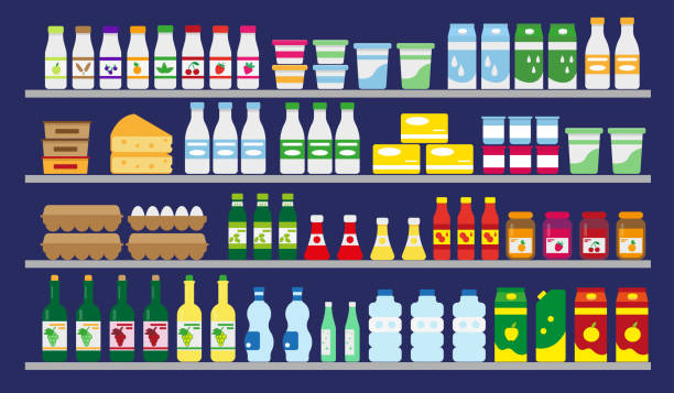 食べ物や飲み物を持つスーパーマーケットの棚。 ベクターの図。 - 調味料点のイラスト素材／クリップアート素材／マンガ素材／アイコン素材