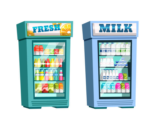 stockillustraties, clipart, cartoons en iconen met supermarkt planken, koelkast met verse dranken en melk. - soda supermarket