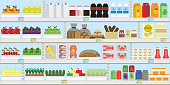 Supermarket shelves with food and drinks, fruits, vegetables, bread, milk and grocery, vector illustration