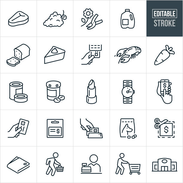 Supermarket Thin Line Icons - Editable Stroke A set of supermarket icons that include editable strokes or outlines using the EPS vector file. The icons include a supermarket or grocery store, customers shopping and items representing the different department in a supermarket such as, steak for meat department, a cut flower for the floral department, grapes for produce department, milk for dairy department, bread and pie for the bakery, lobster for seafood, canned food, pill bottle for pharmacy, lipstick for cosmetics, dog food for the pet department and a watch for the jewelry department. They also include a person pre-ordering from their phone, a credit card, gift card, credit card being swapped, coupon, wallet and cashier. supermarket icons stock illustrations