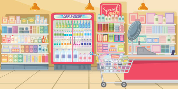 Supermarket with food shelves vector illustration Supermarket with food shelves vector illustration. Modern shop in pink color with full shopping cart at cashier. Interior illustration supermarket backgrounds stock illustrations