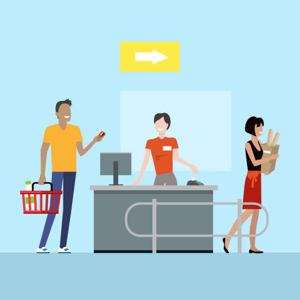 Supermarket working process concept illustration. Operations in supermarket vector. Flat style. Buying products in grocery store. Cashier serves customers on counter desk equipment. Picture for retail companies, shopping and payment services ad. supermarket backgrounds stock illustrations