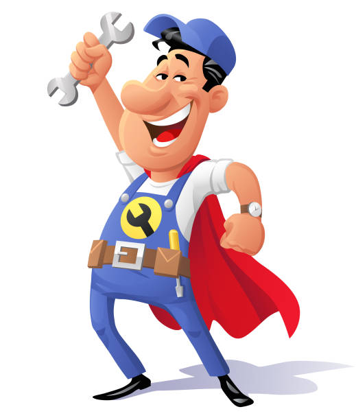 Super-Mechanic Vector illustration of a repairman or mechanic wearing blue coveralls, a cap and a red cape posing as a superhero. He is holding a wrench in the air and laughing at the camera. mechanic clipart stock illustrations