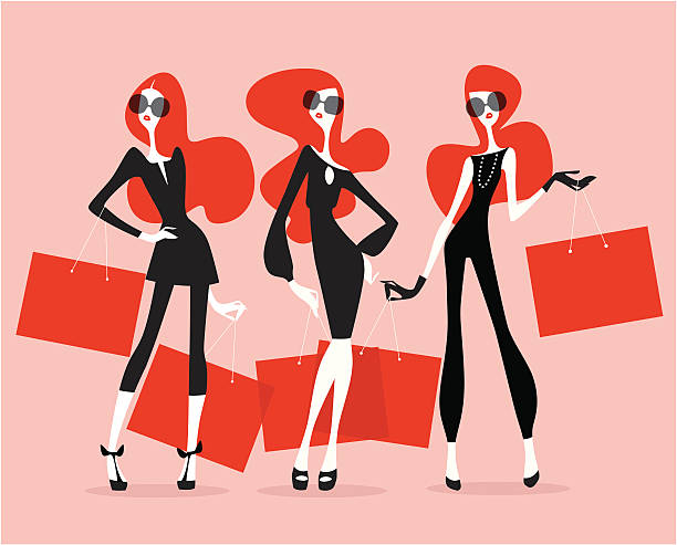 Supermodels (Shopping) Vector illustration of a set of super stylish models posing with shopping bags. These fierce looking characters are also super simple to edit. Download includes a unflattering version AI format file. womens fashion stock illustrations