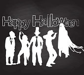 A chalk outline vector silhouette illustration of a group of teenagers in Halloween costumes dancing and partying under text reading "Happy Halloween".