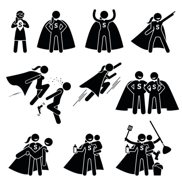 Superwoman Heroine Female Superhero. Cliparts depicts a superwoman in various poses and actions. She is also a busy supermom that can do housework and care for her family. superwoman stock illustrations