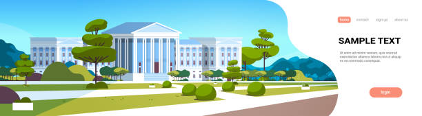 budynek sądu najwyższego z kolumnami rządowy dom sprawiedliwości architektura zewnętrzna projekt sądu przedwórką z zieloną trawą i drzewami krajobraz pozioma przestrzeń kopiowania - supreme court stock illustrations