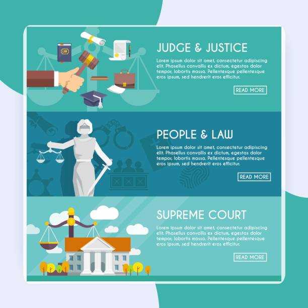 yüksek mahkeme hakimi ve kılıç ve ölçekler insanlar yasası düz yatay afiş vektör ile gözleri bağlı adalet - supreme court stock illustrations