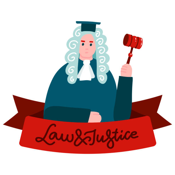 yargıtay, yargı sosyal medya banner. yargıç mantle ve peruk karikatür characterwoth şerit üzerinde hukuk ve adalet yazı. yargı hukuku, yasal dava afiş şablonu. düz vektör çizimi - supreme court stock illustrations