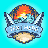 Surf Board Logo Landscape Vintage Vector illustrations for your work Logo, mascot merchandise t-shirt, stickers and Label designs, poster, greeting cards advertising business company or brands.