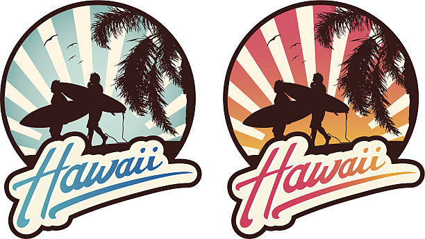 Surf emblem Hawaii Surf Lifestyle emblem with Hawaii lettering, beach landscape at background, surfers silhouette with boards walking at sunset, palm tree and seagulls.  big island hawaii islands stock illustrations