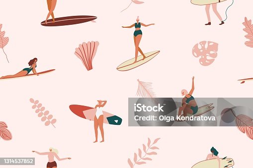 istock Surf girls character in swimsuit with a shortboard and Longboard seamless pattern. Retro Surfing tropical seamless pattern in vector. Summer design for fabric, wallpaper, packaging paper, backgrounds and decor. 1314537852