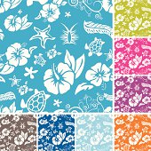 Seamless pattern with hibiscus,turtles starfish, fern leaves, and curly lines