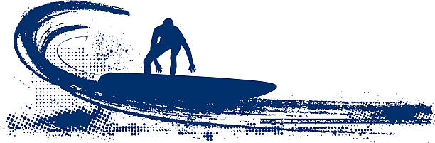 surf scene with surfer doing wave sliding grunge surf scene with surfer big wave surfing stock illustrations