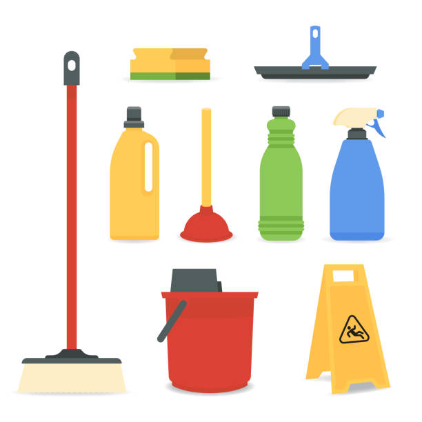 Surface cleaning equipment set Vector illustration Surface cleaning equipment set Vector illustration. bathroom borders stock illustrations