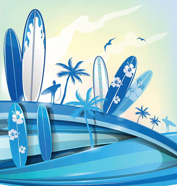 stockillustraties, clipart, cartoons en iconen met surfboard  background on sky background - sunset dining
