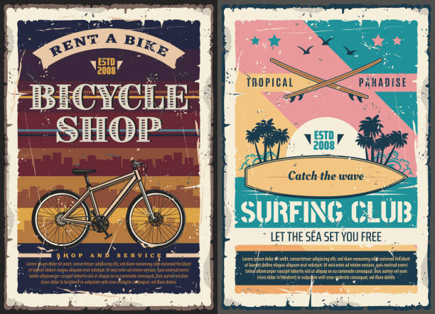 stockillustraties, clipart, cartoons en iconen met surfplank, surfplank, strand golf, fiets - fietsen strand