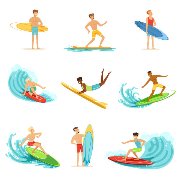 ilustrações de stock, clip art, desenhos animados e ícones de surfboarders riding on waves set, surfer men with surfboards in different poses vector illustrations - surfing