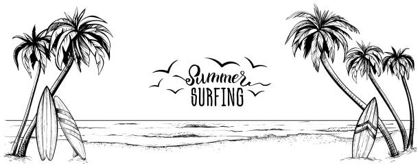 Surfboards on the beach with palm trees, vector panoramic landscape. Surfboards on the beach with palm trees, vector illustration. Panoramic sea landscape in sketchy style. Hand drawn coast banner. beach drawings stock illustrations