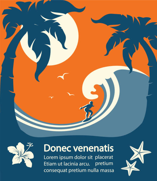 illustrazioni stock, clip art, cartoni animati e icone di tendenza di surfista e grande isola tropicale delle onde marine - surf